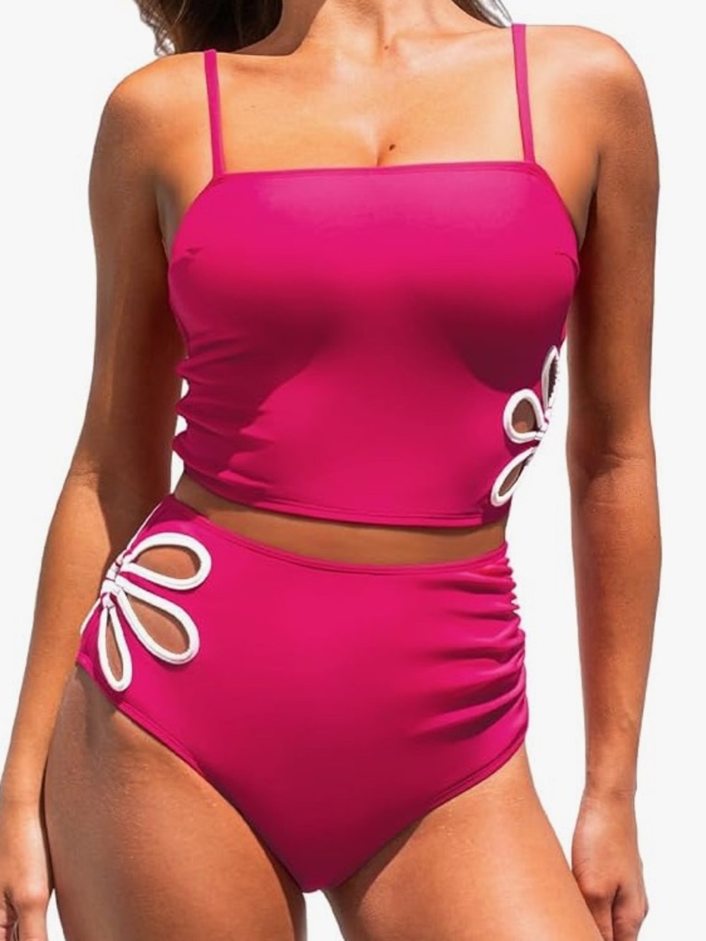 Cupshe Magenta Two-Piece High-Waist Tankini with Cutout Flower Accents Medium